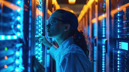 Leinwandbilder - Two people working in a server room, in the style of dark sky-blue and light bronze, bold and vibrant primary colors. Generative AI.