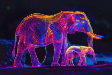 Aufkleber - A close-up of a neon-lit elephant mother holding her baby in a dark environment