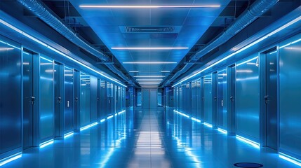 Fototapete - A ceiling showing conduits and cabling typical in the ceiling of a high tech office, predominantly blue in tone and lighting. Generative AI.