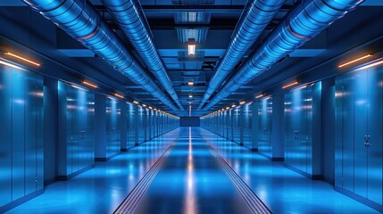 Wall Mural - A ceiling showing conduits and cabling typical in the ceiling of a high tech office, predominantly blue in tone and lighting. Generative AI.