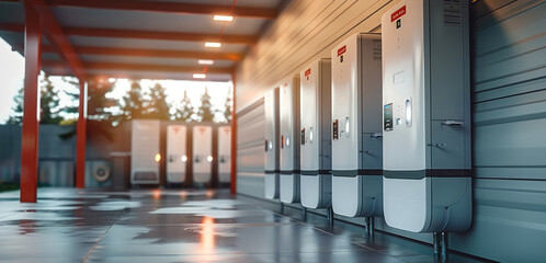 Fototapete - In terms of energy storage, battery packs act as a backup or sustainable energy concept at home garage walls in the future. Generative AI.