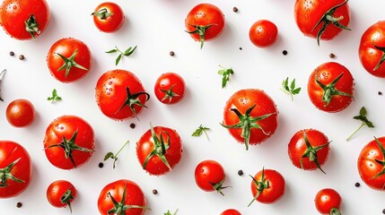 Wall Mural - Fresh tomatoes on white backdrop harvested from top view