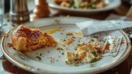 Poster - A half-eaten gourmet dish on an elegant plate, pushed aside in disappointment. Next to it, crumpled tickets and an unpaid bill. Generative AI.