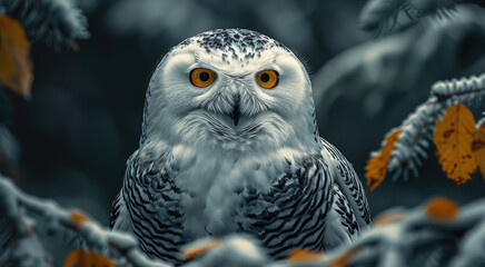 A Snowy Owl in a dark green spruce, stunning. Generative AI.
