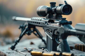 Poster - A detailed shot of a rifle on a wooden table, suitable for use in a variety of contexts such as hunting, military, or historical scenes