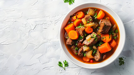 Wall Mural - Vegetable filled beef stew in white bowl on light surface top view with space for text