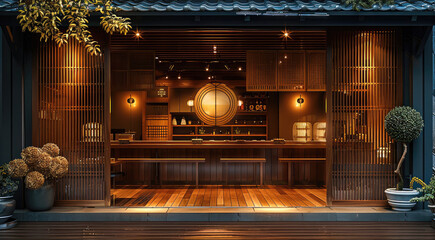 Aufkleber - Japanese restaurant outdoor door design, front view, wooden material, warm color tone. Generative AI.