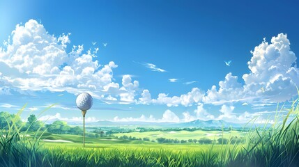 Wall Mural - golf ball with green field background