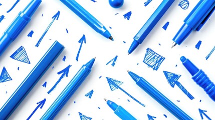 Poster - A collection of blue pens and pencils arranged on a white surface, perfect for creating artwork or writing projects