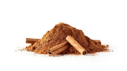 Poster - A pile of cinnamon sticks and powder on a white surface, ideal for baking or decorative purposes