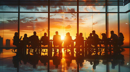 Poster - Office team meeting, silhouettes of company employees and coworkers sitting around the table and discussing business topics, corporation colleagues talking about success in economy in the future