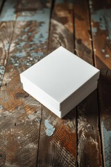 Poster - A single white box placed on top of a wooden table, suitable for use in product photography or as a design element