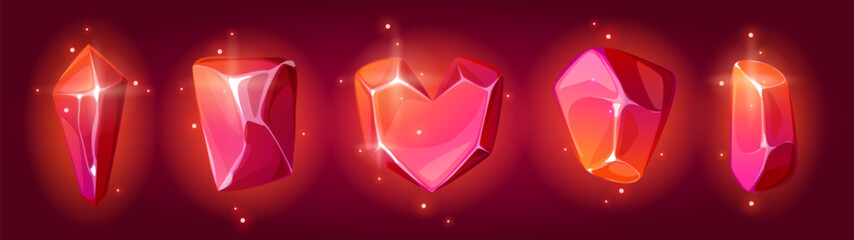 Wall Mural - red shiny fantasy gem stone crystals. cartoon vector illustration set of diamonds with magic neon gl
