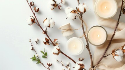 Wall Mural - Spa arrangement with candles and cotton flowers on white background viewed from above