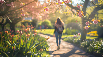 Canvas Print - A woman enjoying a leisurely walk in a park admiring the spring blooms and soaking up the sunshine