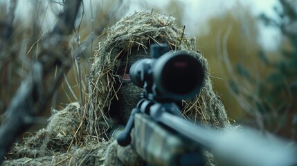 Wall Mural - A man wearing camouflage clothing holds a rifle, ready for an outdoor adventure