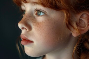 Wall Mural - A close-up photo of a young girl's face featuring distinctive freckles