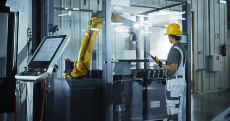 Aufkleber - Industrial Manufacturing Facility: Young Asian Engineer Controlling a Robotic Arm with a Tablet Computer App. Operator Updating Settings, Downloading New Production Instructions for the Machine