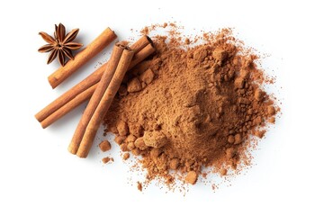 Poster - A pile of ground cinnamon and anise spices on a clean white surface