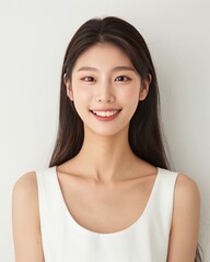 Wall Mural - A photo of a light smile in one's early 20s korea female model with beautiful skin, wearing a white sleeveless top