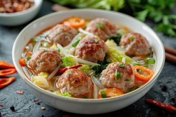 Delicious meatball soup garnished with fresh greens.