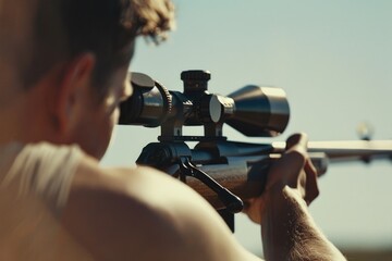 Poster - A man is holding a rifle and looking through the scope, suitable for use in hunting or military-themed images