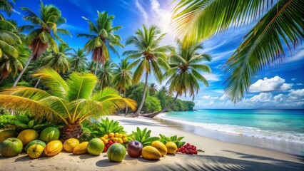 Wall Mural - Vibrant tropical beach scene with lush coconut trees, colorful fruits, and refreshing coconut drinks under a sunny crystal-clear sky paradise.