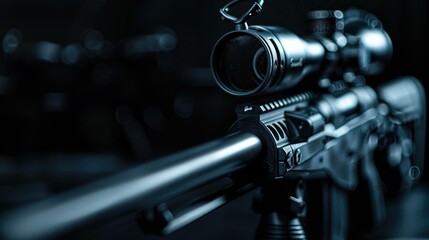 Poster - A close-up view of a rifle with a scope attached, suitable for use in outdoor and adventure themed contexts