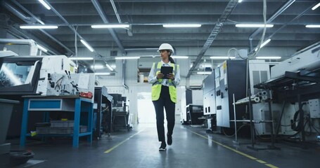 Aufkleber - Female Worker in a White Hard Hat and Reflective Vest Walks Through a Manufacturing Facility, Inspecting Machinery. Factory is Equipped with Advanced Automated Engineering Tools for Production Work