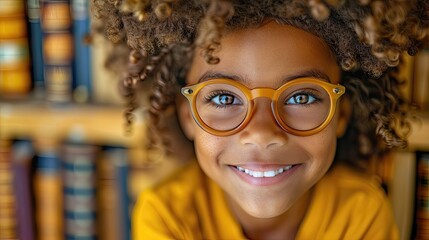 Wall Mural - A young girl with curly hair is wearing glasses and smiling