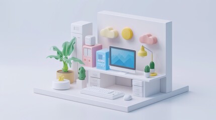 Abstract Futuristic 3D Render Minimalistic Style with Floating Geometric Shapes Isometric Design, Light Color Theme, Bright Background, and Soft Lighting