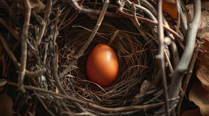 Aufkleber - A natural scene of a bird's nest containing a single brown egg, suitable for use as a background or decorative element