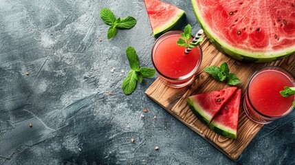 Fresh Watermelon Slices and Juice with Mint
