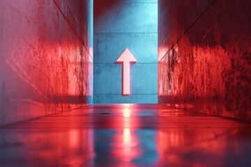 Aufkleber - A bright red and blue hallway with a prominent white arrow pointing forward