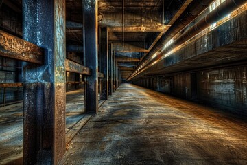 Poster - Abandoned industrial corridor with old machinery and distressed walls