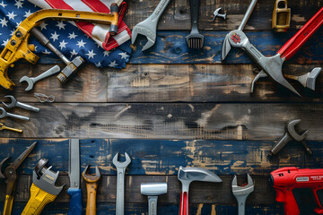 Different construction tools and equipment with American flag on wooden background. Happy Labor Day.