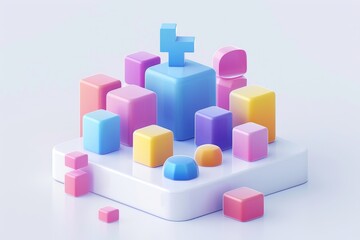 Abstract Futuristic 3D Render Minimalistic Style with Floating Geometric Shapes Isometric Design, Light Color Theme, Bright Background, and Soft Lighting