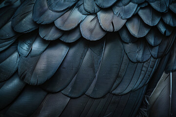 Wall Mural - Black feathers abstract background, texture wallpaper design for banner and poster, dark gray feather pattern on black color. bird wing close up.