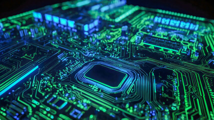 Poster - Close-up of a futuristic circuit board glowing with green and blue lights