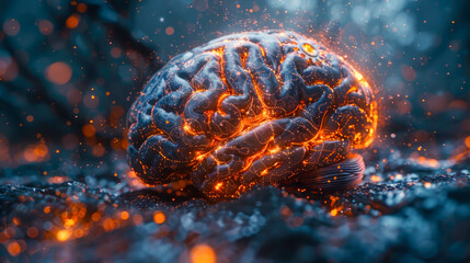 Poster - A detailed brain glowing with orange neural connections, set against a dark, abstract background