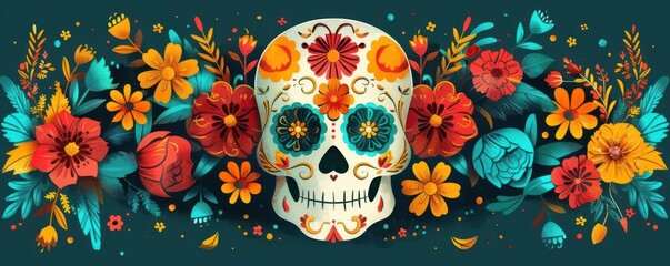 Vibrant and colorful sugar skull with floral decorations, perfect for Day of the Dead celebrations and artistic events.