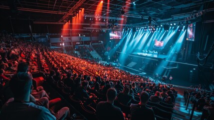 Poster - A packed arena buzzes with anticipation as fans watch a high-stakes eSports competition unfold on stage, illuminated by vibrant blue and red lights