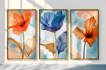 Poster - set of three abstract posters with abstract floral art in gold frames