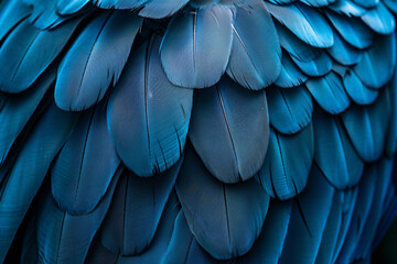 Wall Mural - beautiful blue color fashion background, close up of beautiful parrot feathers in the dark, texture 