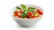 © PaulShlykov - Traditional Italian linguini pasta with tomatoes and basil is isolated on a white background.