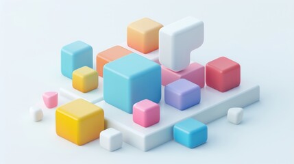 Abstract Futuristic 3D Render Minimalistic Style with Floating Geometric Shapes Isometric Design, Light Color Theme, Bright Background, and Soft Lighting