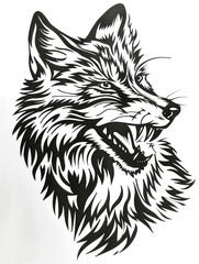 Wall Mural - A black and white drawing of a wolf with its mouth open and teeth bared. The wolf's fur is long and wild, giving it a fierce and untamed appearance. Concept of danger and power