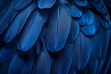 Wall Mural - beautiful blue color fashion background, close up of beautiful parrot feathers in the dark, texture 