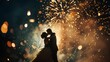 © decorator - Romantic bride and groom under dazzling fireworks in high resolution wedding photo