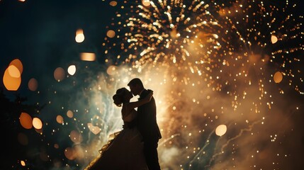 Romantic bride and groom under dazzling fireworks in high resolution wedding photo